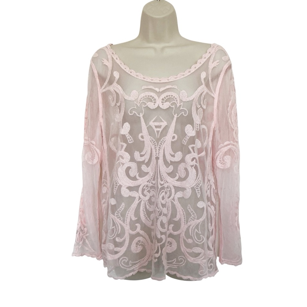 NWT Express Pink Lace Heavily Embroidered Long Sleeve Sheer Top Size Large